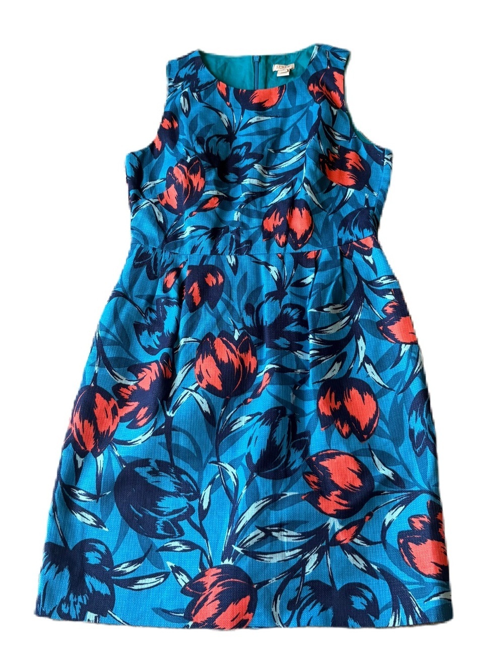 J. Crew Blue Floral Midi Dress Coral Tulip Sheath Sz 2 Sleeveless 100% Cotton